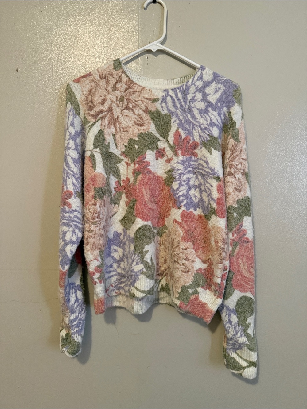 Joie Cream Crewneck Sweater with Pink, Lavender & Green Floral Print